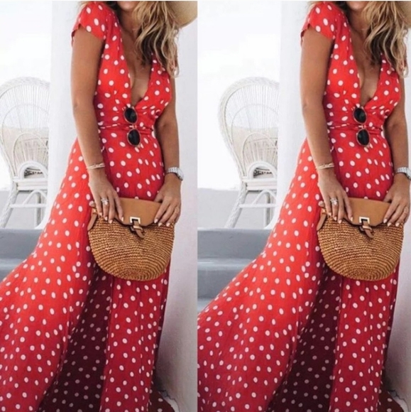 NWT Bohemian Polka Dot Maxi Split Dress S:S-Med - Picture 9 of 14